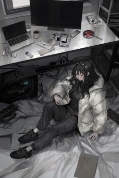 1girl absurdres black_hair black_pants black_shirt black_shoes blouse coat computer cup desk digital_media_player envelope food fruit graphics_card grey_eyes grey_theme hairband highres indoors ipod knee_up laptop letter lm7_(op-center) long_hair long_sleeves monitor mug original pants pen plate reflection screen shirt shoes sitting solo strawberry white_coat wide_shot