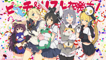 5girls :3 ahoge animal animal_ear_fluff animal_ears animal_hands animal_on_head ascot asuka_(senran_kagura) bear_ears bear_girl bear_paws bebe-tan bell black_ascot black_hair black_pantyhose black_ribbon black_sailor_collar black_serafuku black_skirt blonde_hair blue_eyes blue_sailor_collar blue_skirt blunt_bangs blush blush_stickers bow breasts brown_eyes brown_fur cat cat_ears cat_girl cat_paw cat_tail clothes_lift collar collarbone confetti covering_own_mouth cowboy_shot crown dog_ears dog_girl dog_paws dog_tail dolphin elephant elephant_ears floppy_ears frilled_skirt frills frog fur-trimmed_gloves fur_gloves fur_trim gessen_academy_school_uniform gloves gradient_background green_eyes grey_hair groin hair_between_eyes hair_bow hair_ornament hair_ribbon hairclip hamster hanzou_academy_school_uniform hebijo_academy_school_uniform heterochromia highres holding holding_animal holding_stuffed_toy jingle_bell joints large_breasts leaf leaf_hair_ornament leaf_on_head long_hair long_sleeves looking_at_viewer low_twintails luka_(senran_kagura) marvelous midriff mini_crown miniskirt multiple_girls murasaki_(senran_kagura) navel ninto_(senran_kagura) official_alternate_costume official_alternate_hairstyle official_art on_head one_eye_closed open_mouth pantyhose party_popper pink_background pink_gloves pleated_skirt ponytail purple_eyes purple_hair rabbit rabbit_ears rabbit_girl rabbit_tail raccoon_ears raccoon_girl raccoon_tail red_scarf ribbon robot robot_joints ryouna_(senran_kagura) sailor_collar scarf school_uniform senran_kagura senran_kagura_peach_ball senran_kagura_shinovi_versus senran_kagura_shoujo-tachi_no_shin'ei serafuku shiny_skin shirt short_hair short_ponytail short_sleeves short_tail shy skirt skirt_lift smile standing star_(symbol) star_print streamers stuffed_animal stuffed_toy tail tail_raised tanuki teddy_bear teeth thigh_gap tongue translation_request twintails upper_teeth_only very_long_hair white_bow white_ribbon white_sailor_collar white_shirt yaegashi_nan yellow_background yomi_(senran_kagura) yumi_(senran_kagura)