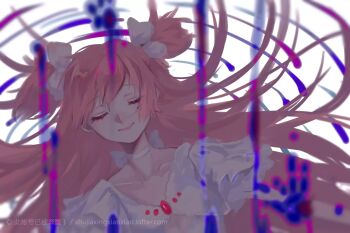 Rule 34 | 1girl, bow, chinese commentary, chinese text, choker, closed eyes, collarbone, commentary request, dress, frilled dress, frills, handprint, highres, kaname madoka, lips, long hair, mahou shoujo madoka magica, mahou shoujo madoka magica (anime), pink hair, short sleeves, simple background, smile, solo, two side up, ultimate madoka, v-neck, very long hair, watermark, web address, white background, white bow, white choker, white dress, xiaoxiao (15991743)