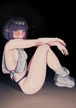 1girl :q absurdres alternate_breast_size_(larger) alternate_costume black_panties blunt_bangs bob_cut breasts colored_inner_hair commentary english_commentary from_side heterochromia highres hololive hololive_english knees_up looking_at_viewer medium_breasts mole mole_under_eye mr_thecatman multicolored_hair ninomae_ina'nis no_pants official_alternate_hairstyle panties pink_eyes pink_hair pointy_ears purple_eyes purple_hair ribbed_socks shoes short_hair sideboob sideless_outfit sitting sneakers socks solo tank_top tongue tongue_out underwear virtual_youtuber white_shoes white_socks white_tank_top