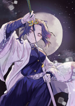 1girl animal_print black_jacket black_pants butterfly_print coat commentary_request full_moon highres holding holding_sheath holding_sword holding_weapon huge_moon jacket katana kimetsu_no_yaiba kochou_shinobu looking_at_viewer moon night night_sky pants purple_hair sheath short_hair sky solo star_(sky) starry_sky sword weapon white_coat yutsuyutsu