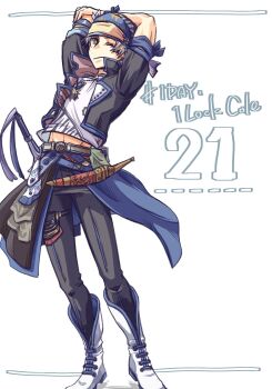 1boy arm_up arms_behind_head ayana_(iqaw5cfohvdtver) black_jacket black_pants blue_ribbon boots brown_eyes character_name dagger earrings final_fantasy final_fantasy_vi full_body grey_hair headscarf highres jacket jewelry knife locke_cole male_focus midriff_peek necklace one_eye_closed pants parted_bangs ribbon shirt short_hair solo stretching waist_cape weapon white_background white_boots white_shirt