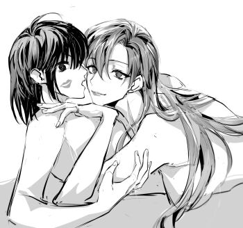 2girls :o arm_around_back bob_cut breast_slip girl_on_top greyscale hair_over_shoulder han_sooyoung highres kiss lipstick_mark long_hair looking_at_viewer lying monochrome multiple_girls nipples no_shirt omniscient_reader&#039;s_viewpoint on_back on_stomach partially_colored pinky_ring rhyme1863 sexually_suggestive short_hair smile sparkle yoo_sangah yuri