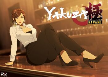 1girl arm_support asian bartender black_footwear black_pants breasts brown_eyes brown_hair cleavage collared_shirt earrings formal_clothes high-waist_pants high_heels highres hoop_earrings jewelry light_smile lipstick logo looking_at_viewer makeup mole mole_under_eye necklace open_clothes open_shirt pant_suit pants partially_unbuttoned r3dfive red_lips reina_(ryuu_ga_gotoku) ryuu_ga_gotoku_(series) ryuu_ga_gotoku_1 shirt shirt_tucked_in sitting sitting_on_bar solo suit thick_thighs thighs white_shirt