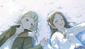 2girls ^_^ absurdres blonde_hair blush brown_hair closed_eyes collarbone colored_eyelashes commentary_request earrings fur-trimmed_jacket fur_trim gakuen_idolmaster green_eyes hair_spread_out highres holding_hands idolmaster jacket jewelry kuramoto_china long_hair lying multiple_girls nokino_shida on_back on_ground orange_eyes shinosawa_hiro smile snow stud_earrings upper_body white_jacket