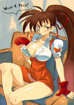 1girl anna_miller bare_legs breasts cleavage clothes_pull collarbone couch covered_erect_nipples curvy drawfag english_text fingerless_gloves gloves lips long_hair naughty_face ponytail red_gloves seductive_smile see-through_clothes sitting smile solo speech_bubble sweat sweatdrop takeuchi_yuka teasing thighs top_pull unbuttoned unbuttoned_shirt variable_geo very_long_hair waitress waitress_uniform wet wet_clothes