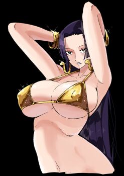 1girl armpits arms_behind_head bad_tag bikini blunt_bangs boa_hancock bracelet breasts covered_erect_nipples frown gold_bikini gold_bracelet highres huge_breasts jewelry long_hair navel one_piece sideboob skindentation solo stomach swimsuit wanderjegson yellow_eyes