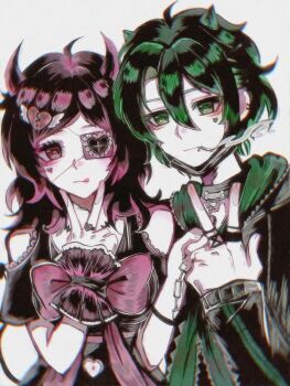 1boy 1girl :3 :q ahoge alternate_costume andrew_graves anmo418 ashley_graves black_collar black_hair black_jacket black_mask black_shirt black_wrist_cuffs bow bowtie broken_heart broken_heart_hair_ornament brother_and_sister chain chain_leash chinese_commentary chromatic_aberration cigarette closed_mouth clothing_cutout collar colored_tips commentary_request cross demon_boy demon_girl demon_horns double-parted_bangs ear_piercing eyepatch face_piercing facial_mark film_grain fingernails frilled_shirt frilled_wrist_cuffs frills green_eyes green_hair green_hood grey_background hair_between_eyes hair_down hair_ornament hand_size_difference hand_up hands_up heart heart-shaped_pupils heart_cutout heart_facial_mark heart_hair_ornament heart_ring highres holding holding_chain holding_leash hood hood_down hooded_jacket horns inward_v inward_w jacket jewelry leash light_smile long_hair long_sleeves looking_at_viewer mask mouth_hold mouth_mask mouth_piercing multicolored_hair navel_cutout one_eye_covered pale_skin piercing pink_bow pink_bowtie pink_eyes pink_hair ring shirt short_hair short_sleeves shoulder_cutout siblings simple_background sleeves_past_wrists smoke symbol-shaped_pupils the_coffin_of_andy_and_leyley tongue tongue_out two-tone_hair upper_body v w wrist_cuffs