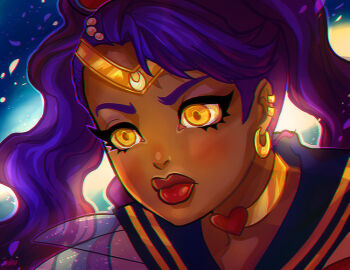 Rule 34 | 1girl, alternate skin color, bishoujo senshi sailor moon, blue sailor collar, choker, cinnabarbie, circlet, dark-skinned female, dark skin, derivative work, earclip, earrings, eyelashes, hair ornament, heart, heart choker, jewelry, long hair, meme, portrait, purple hair, red lips, sailor collar, sailor moon, sailor moon redraw challenge (meme), signature, solo, twintails, yellow choker, yellow eyes