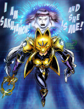 Rule 34 | 2girls, absurdres, age difference, alternate hairstyle, angry, armor, biomerge, breasts, collarbone, convenient censoring, digimon, digimon (creature), energy, english text, epic, facing viewer, fighting stance, flat chest, fox mask, fusion, hair down, highres, large breasts, long hair, looking at viewer, makino ruki, mask, multiple girls, neck, nude, open mouth, orange hair, outstretched arms, purple eyes, sakuyamon, short bangs, sidelocks, spread arms, topless frame, unworn clothes, upper body, v-shaped eyebrows, yin yang