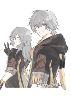 Rule 34 | 1boy, 1girl, absurdres, artist name, black coat, black gloves, black jacket, blush, breasts, caelus (honkai: star rail), closed eyes, closed mouth, coat, dual persona, eyes visible through hair, from side, gloves, grey hair, hair between eyes, hand up, highres, honkai: star rail, honkai (series), hood, hooded coat, jacket, long hair, long sleeves, looking at viewer, medium breasts, open clothes, open coat, open jacket, ryn torishiba, shirt, short hair, sidelocks, simple background, smile, stelle (honkai: star rail), t-shirt, teeth, trailblazer (honkai: star rail), upper body, v, white background, white shirt, yellow eyes