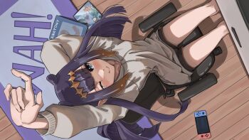 1girl ;) absurdres alternate_costume black_shorts carpet center-flap_bangs chair collarbone commentary english_commentary from_above gradient_hair grey_eyes highres hololive hololive_english hood hood_down hoodie huemar_tanuki indoors looking_at_viewer multicolored_hair ninomae_ina'nis nintendo_switch on_chair one_eye_closed orange_hair purple_hair shorts sidelocks sitting smile solo stretching swivel_chair tentacle_hair virtual_youtuber white_hoodie wooden_floor