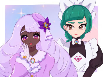 2girls :d apron brown_eyes closed_mouth commentary_request dark-skinned_female dark_skin dress eyelashes gloves green_hair hand_up hat_ornament highres jacinthe_(pokemon) lebanne_(pokemon) long_hair multiple_girls nintendo open_mouth pokemon pokemon_legends:_z-a puffy_sleeves purple_dress purple_eyes sasami_(ckfz3528) smile sparkle teeth tilted_headwear upper_teeth_only white_apron