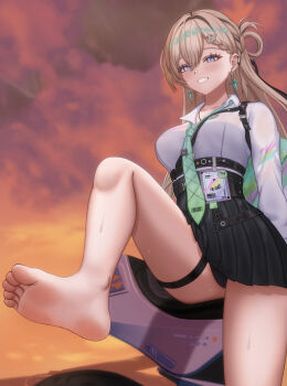 1girl absurdres barefoot blonde_hair blue_eyes blush denokoto feet grin highres long_hair lynae_(wuthering_waves) panties pantyshot smile soles toes underwear upskirt wuthering_waves
