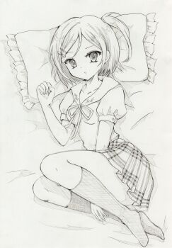 1girl arm_between_legs bed_sheet breasts collarbone commentary_request frilled_pillow frills full_body graphite_(medium) greyscale head_on_pillow hentai_ouji_to_warawanai_neko. ichiha_sanami kneehighs looking_at_viewer lying monochrome neck_ribbon no_shoes on_side one_side_up parted_bangs parted_lips pillow plaid_clothes plaid_skirt pleated_skirt puffy_short_sleeves puffy_sleeves ribbed_socks ribbon sailor_collar school_uniform serafuku short_hair short_sleeves skirt small_breasts socks solo traditional_media tsutsukakushi_tsukiko