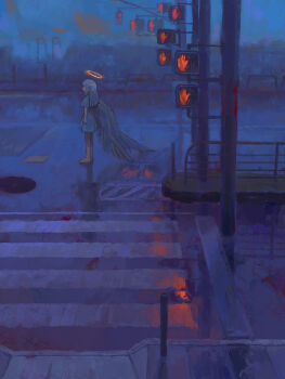 1girl absurdres airfish_(lefko_d) angel angel_wings arms_at_sides barefoot blue_dress blue_hair blue_theme crosswalk dress feathered_wings from_side glowing glowing_halo halo highres long_hair manhole_cover original outdoors pedestrian_lights reflective_pavement road scenery solo standing street wide_shot wings