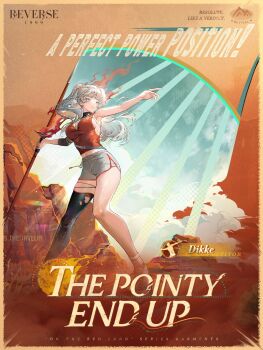 1girl armpits asymmetrical_bangs black_leggings blue_eyes blue_sky braid breasts character_name cleavage cliff closed_mouth copyright_name dikke_(reverse:1999) dikke_(the_pointy_end_up)_(reverse:1999) disembodied_hand dolphin_shorts elbow_pads english_text expressionless french_braid full_body grey_shorts highres holding_javelin javelin_(spear) leg_warmers leggings logo long_hair looking_afar medium_breasts official_alternate_costume official_art orange_background outstretched_arm playing_sports ponytail red_tank_top reverse:1999 shoes shorts sideboob single_bare_arm single_detached_legging single_elbow_pad single_sock sky sneakers socks solo standing sunburst sweat tank_top torn_clothes torn_leggings v-shaped_eyebrows white_hair white_shoes white_socks yellow_background