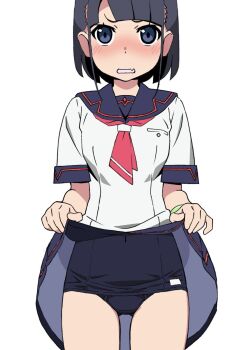 1girl arched_bangs bare_legs black_hair black_one-piece_swimsuit black_sailor_collar black_skirt blue_eyes blush bracelet breast_pocket breasts clothes_lift commentary_request covered_navel cowboy_shot dot_nose fang gluteal_fold hands_up highres jewelry lifting_own_clothes looking_at_viewer medium_hair najimi_osana_(polipan) neckerchief old_school_swimsuit one-piece_swimsuit open_mouth petticoat pinky_out pocket polipan red_neckerchief sailor_collar sailor_shirt school_swimsuit school_uniform serafuku shirt short_sleeves simple_background single_stripe skirt skirt_lift small_breasts solo straight-on swimsuit watanabe_akio white_background white_mouth white_shirt