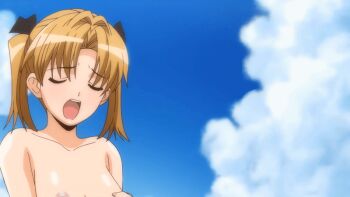 10s 2011 2girls age_difference animated animated_gif anime_screenshot black_bow blonde_hair blush bouncing_breasts bow breast_sucking breasts closed_eyes cloud collarbone grabbing_another&#039;s_breast groping hair_bow incest large_breasts loli long_hair medium_breasts moroboshi_kyouko multiple_girls nipples nude onee-loli outdoors sideboob sky small_breasts sweet_home tagme tomosato_risa twintails yuri