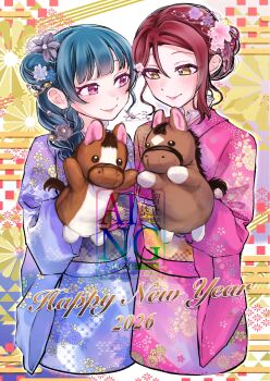 2026 2girls alternate_costume blue_hair blue_kimono blush chinese_zodiac commentary_request flower hair_flower hair_ornament hair_up happy_new_year highres japanese_clothes kimono kneeling long_hair looking_at_another love_live! love_live!_sunshine!! multiple_girls new_year obi pink_kimono red_eyes red_hair sakurauchi_riko sash smile standing tsushima_yoshiko watermark year_of_the_horse zokuro_1018