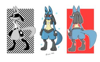 1boy animal_ears animal_feet animal_hands arms_at_sides artist_name black_fur blue_fur body_fur closed_mouth expressionless from_behind from_side full_body gen_4_pokemon highres j.jama looking_afar lucario male_focus multicolored_fur multiple_views nintendo outline partially_colored pawpads pokemon pokemon_(creature) profile red_eyes signature snout spikes standing tail twitter_username walking white_outline wolf_boy wolf_ears wolf_tail yellow_fur