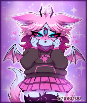 1girl animal_ears bat_wings blush cat_ears emberlynn_pinkle hellaverse helluva_boss highres pink_hair shortstack skirt tail thighhighs wings