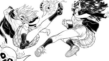 2girls blazer breasts cacodemon closed_mouth cyclops demon_horns dolphin_shorts doom_(series) doom_ii fingernails fire flaming_skull floating_hair floating_skull from_below full_body greyscale highres holding holding_jacket holding_unworn_clothes horns jacket kneepits long_hair long_sleeves looking_at_viewer lost_soul_(doom) mary_janes medium_breasts midair monochrome multiple_girls necktie one-eyed open_clothes open_jacket open_mouth pain_elemental personification plaid_clothes plaid_skirt pleated_skirt pointy_ears school_uniform shirt shoe_soles shoes shorts signature simple_background skirt skull sneakers socks substance20 teeth unworn_jacket upper_teeth_only vans very_long_hair white_background