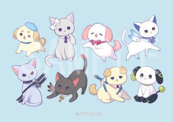 &gt;_o amamiya_kokoro animal_focus animalization beret black_cat black_collar blue_background blue_collar blue_hat blue_ribbon bow bowtie cat collar commentary_request copyright_notice detached_collar dog ear_bow ex_albio feathers green_collar grey_cat hat higuchi_kaede inami_rai jewelry key key_necklace lauren_iroas machita_chima multiple_swords nagao_kei neck_ribbon necklace necktie nijisanji no_humans official_art one_eye_closed purple_necktie red_bow red_collar ribbon sample_watermark simple_background suo_sango sword tobi_(kotetsu) virtual_youtuber watermark weapon weapon_on_back white_bow white_dog winged_cat yellow_dog