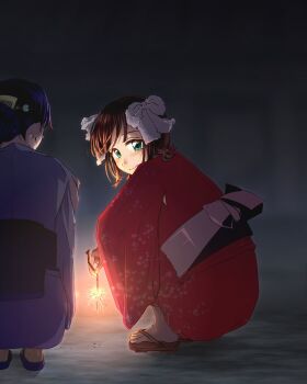 2girls amami_haruka aqua_eyes blue_kimono blurry blurry_background brown_hair fireworks flipped_hair from_behind from_side geta hair_bun hair_ribbon highres idolmaster idolmaster_(classic) idolmaster_million_live! idolmaster_million_live!_theater_days japanese_clothes kimono kisaragi_chihaya light_blush looking_at_viewer looking_back medium_hair multiple_girls naoharuari7 night obi red_kimono ribbon sash senkou_hanabi sidelocks single_hair_bun smile sparkler squatting updo white_ribbon yukata
