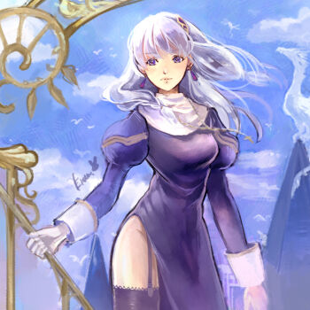 Rule 34 | 1girl, bird, black thighhighs, blue sky, breasts, closed mouth, cloud, commentary, cowboy shot, cross, cross necklace, day, dress, earrings, english commentary, garter straps, gobaku no hito, holding, holding staff, jewelry, juliet sleeves, long sleeves, looking at viewer, medium breasts, necklace, outdoors, priest (ragnarok online), puffy sleeves, purple dress, purple eyes, ragnarok masters, ragnarok online, side slit, sky, solo, staff, teardrop earrings, thighhighs