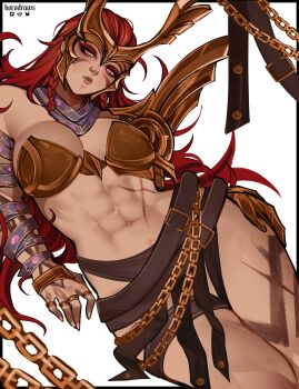 Rule 34 | absurdres, angela (marvel), armor, bodypaint, gold armor, gold greaves, gold helmet, highres, koro draws, marvel, marvel rivals, metal bra, muscular, muscular female, norse, scar, scar on stomach, winged headwear