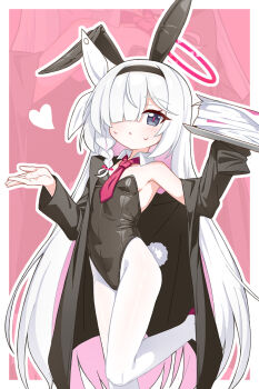 1girl alternate_costume animal_ear_hairband animal_ears bare_shoulders black_coat black_hairband black_leotard blue_archive blunt_bangs border bow braid breasts coat colored_inner_hair commentary covered_navel detached_collar fake_animal_ears fake_tail foot_out_of_frame gacha_(game_mechanic) grey_eyes hair_bow hair_over_one_eye hairband halo hands_up heart highleg highleg_leotard highres holding holding_paper leotard loli long_bangs long_hair long_sleeves looking_at_viewer multicolored_hair necktie needle_(574187457) one_eye_covered open_clothes open_coat outline outside_border pantyhose paper paper_stack petite pink_background pink_hair plana_(blue_archive) rabbit_ears rabbit_tail red_halo red_necktie red_pupils simple_background single_braid slit_pupils small_breasts solo standing standing_on_one_leg straight_hair strapless strapless_leotard tail two-tone_hair very_long_hair white_border white_bow white_hair white_outline white_pantyhose wide_sleeves