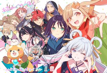 4boys 6+girls :d animal_ears arm_up armpits ayatsumugi_roka black_hair blonde_hair blue_eyes cat_ears cat_girl cho_kaguya-hime! chuken_otako collarbone commentary_request crescent crescent_hair_ornament dog dog_ears everyone fox_girl fushi_(cho_kaguya-hime!) green_eyes hair_between_eyes hair_ornament hair_rings hechima highres horns isayama_mami japanese_clothes kaguya_(cho_kaguya-hime!) kimono komazawa_noi komazawa_rai long_hair looking_at_viewer mikado_akira_(cho_kaguya-hime!) multiple_boys multiple_girls okkoteru_koto one_eye_closed open_mouth orange_eyes piercing purple_hair rabbit_ears red_hair runami_yachiyo sakayori_iroha sea_slug short_hair simple_background smile trap twintails white_hair