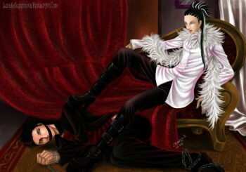 2boys bad_deviantart_id bad_id black_jacket chain chained cornrows couch curtains feather_boa foot_on_another&#039;s_shoulder footrest gag glaring high_boots human_footrest human_furniture humanization improvised_gag jacket kamen_rider kamen_rider_den-o_(series) male_focus momotaros multiple_boys nogami_ryoutarou on_ground possessed possession prince red_curtain red_eyes red_streaks sieg signature spiked_hair tape tape_gag taped_mouth tied_up_(nonsexual) watermark white_curtain white_eyes