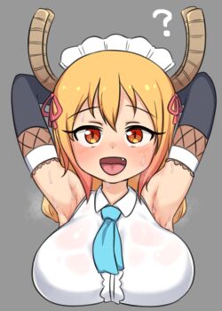 1girl ? armpits arms_behind_head arms_up basukechi black_sleeves blonde_hair blue_necktie blush breasts collared_shirt detached_sleeves dot_nose dragon_girl dragon_horns fang hair_between_eyes hair_ribbon highres horns kobayashi-san_chi_no_maidragon large_breasts maid_headdress necktie open_mouth red_eyes ribbon shirt simple_background smile solo sweat sweaty_clothes tohru_(maidragon) tongue wet wet_clothes white_shirt