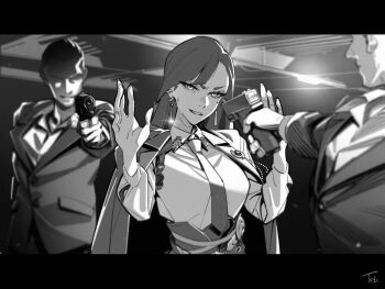 Rule 34 | 1girl, 2boys, arms up, collared shirt, earrings, gun, hands up, holding, holding gun, holding weapon, jacket, jacket on shoulders, jewelry, long hair, monochrome, multiple boys, neck, original, shirt, smile, taisowbukurow, weapon