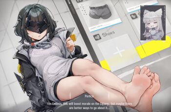 Rule 34 | 1girl, 2girls, arknights, arknights: endfield, bare legs, barefoot, black hair, black jacket, black mask, black shorts, breasts, closed eyes, closed mouth, commentary, crossed ankles, dress, endfield uniform, endministrator (arknights), english commentary, english text, eye mask, feet, female endministrator (arknights), foot focus, full body, hair ornament, highres, indoors, jacket, k-rha's, legs, light blush, long sleeves, mask, multiple girls, no shoes, open clothes, open jacket, parted lips, perlica (arknights), short hair, shorts, sitting, soles, solo, sweater, sweater dress, talking, toes, video call, white sweater