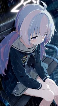 1girl absurdres ahoge bench black_neckerchief blue_archive blue_hair didac_fantasy grey_serafuku grey_skirt hair_ornament halo highres long_hair multicolored_hair neckerchief pink_hair purple_eyes rain reisa_(blue_archive) sailor_collar school_uniform serafuku sitting skirt solo twintails