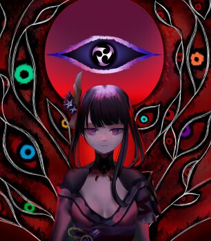 1girl absurdres bags_under_eyes biblically_accurate_angel blunt_bangs breasts bridal_gauntlets cleavage closed_mouth commentary covered_collarbone electro_symbol_(genshin_impact) english_commentary expressionless extra_eyes eye_symbol fan_hair_ornament flower flower_ornament genshin_impact glowing glowing_hair gradient_background gradient_hair hahwa highres japanese_clothes kimono large_breasts long_hair looking_at_viewer mole mole_under_eye multicolored_eyes multicolored_hair neck_ribbon off_shoulder purple_flower purple_hair purple_kimono purple_sash raiden_shogun red_background red_eyes red_ribbon red_wings ribbon sash shade solo spoilers standing statue_of_the_seven tomoe_(symbol) upper_body wings