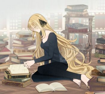 1girl barefoot black_nails black_pants black_shirt blonde_hair book book_stack breasts closed_mouth collarbone commentary_request cynthia_(pokemon) feet full_body grey_eyes hair_ornament hair_over_one_eye indoors library long_hair long_sleeves nail_polish nintendo on_ground open_book pants pokemon pokemon_diamond/pearl/platinum reading sakaralalala shirt signature sitting small_breasts solo toenail_polish toenails toes twitter_username very_long_hair watermark wooden_floor
