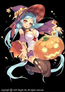 Rule 34 | 1girl, :o, argyle clothes, argyle thighhighs, artist name, black background, blue hair, breasts, brown thighhighs, capelet, cleavage, dated, detached sleeves, full body, grey hair, hands on own legs, hat, hat ornament, highres, jack-o'-lantern, karpin, long hair, medium breasts, miniskirt, official art, pink eyes, plaid hat, purple skirt, sid story, skirt, thighhighs, twintails, very long hair, wide sleeves, witch hat