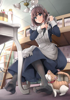 1girl ^_^ absurdres arekishi_raiho bed black_pantyhose blush bottle brown_hair bunk_bed chair closed_eyes collar curling_iron green_eyes highres maid maid_headdress original pantyhose sitting slice_of_life smile solo table