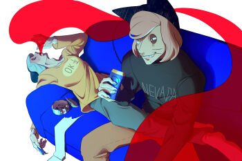 Rule 34 | 2boys, absurdres, animal ears, animal hat, beard stubble, beer can, black eyes, blue hair, can, cat hat, cigarette holder, commentary request, couch, drink can, drugs, facial hair, facial mark, fake animal ears, fingernails, grin, hat, highres, holding, holding can, holding lighter, lighter, lying, male focus, marijuana, multiple boys, nyen (randal's friends), nyon (randal's friends), on back, on couch, pink hair, randal's friends, sharp fingernails, simple background, sitting, smile, smoke, smoke trail, smoking, stoned, stubble, toilet paper, uneven eyes, wanineko2001, whisker markings, whiskers, white background