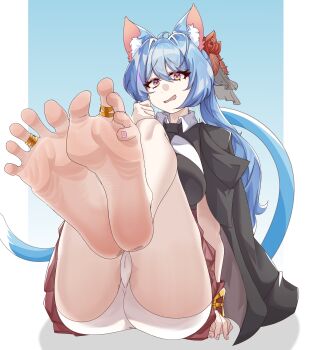 Rule 34 | 1girl, absurdres, animal ears, barefoot, blue hair, cameltoe, cat ears, cat tail, feet, feet up, highres, jewelry, long hair, looking at viewer, multicolored eyes, nian nian zi, open mouth, original, soles, tail, toe ring, toes