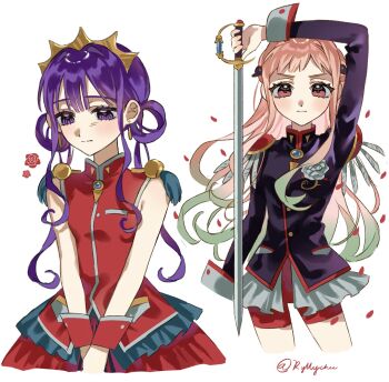 Rule 34 | 2girls, akane aoi, black jacket, commentary, cosplay, crown, dress, flower, gradient hair, green hair, hair rings, highres, himemiya anthy, himemiya anthy (cosplay), holding, holding sword, holding weapon, jacket, jibaku shounen hanako-kun, long hair, long sleeves, multicolored hair, multiple girls, pink hair, purple hair, red dress, red eyes, red shorts, red wrist cuffs, rose, ryllychee, shorts, shoujo kakumei utena, sword, sword of dios, tenjou utena, tenjou utena (cosplay), weapon, white flower, white rose, wrist cuffs, yashiro nene