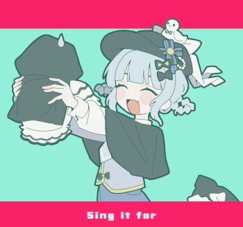 1girl :d ^_^ animal bird black_capelet black_hat blue_background blue_hair braid braided_hair_rings capelet closed_eyes commentary_request deerstalker english_text facing_viewer fang gokuchou hair_rings hat holding holding_animal holding_bird kunoichi_kazuhito_(kuno_kazu) letterboxed long_sleeves mahou_shoujo_no_majo_saiban open_mouth short_hair simple_background skin_fang smile solo standing sweatdrop tachibana_sherry