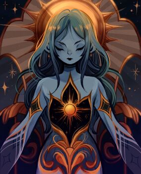 Rule 34 | 1girl, black lips, blue skin, closed eyes, closed mouth, colored skin, earrings, eyelashes, feefal, highres, jewelry, lipstick, long hair, makeup, original, procreate (medium), solo, straight-on, sun, symmetry, upper body