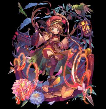 1girl :o arrow_(projectile) bird black_background black_boots boots bow_(weapon) braid bridge brown_hair building child cloud detached_sleeves fire flaming_weapon flower full_body gloves green_eyes half_gloves hat highres holding holding_arrow holding_bow_(weapon) holding_weapon lamppost long_hair low_twin_braids merc_storia merc_storia_art_team official_art prionique_(merc_storia) purple_gloves purple_thighhighs red_hat red_shorts shirt shorts simple_background sleeveless sleeveless_shirt solo standing tachi-e thighhighs twin_braids weapon wide_sleeves wooden_bridge