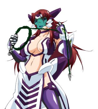 Rule 34 | 1girl, akanejima ranga, armor, blue eyes, breasts, choker, cleavage, dominatrix, face shield, game cg, gan-chan (artist), gloves, headgear, hitozuma sentai aisaiger, holding, holding whip, large breasts, large variant set, lipstick, long hair, magical girl, makeup, midriff, navel, non-web source, official art, pelvic curtain, purple eyes, purple lips, red hair, saiger orchid, side slit, solo, thighhighs, transparent background, variant set, whip