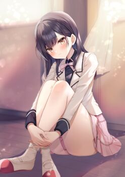 Rule 34 | 1girl, ayuma sayu, black hair, blurry, blurry background, blush, breasts, closed mouth, coat, crossed legs, curtains, head bowed, head tilt, highres, hugging own legs, long hair, long sleeves, looking at viewer, looking to the side, medium hair, miniskirt, object behind ear, original, pink skirt, pleated skirt, ribbon, school uniform, shirt, shoes, sitting, skirt, small breasts, smile, stocks, sunlight, tucking hair, wall, white curtains, window, yellow eyes
